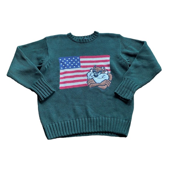 Warner Bros. Other - Tasmanian Devil American Flag Green Cotton Sweater